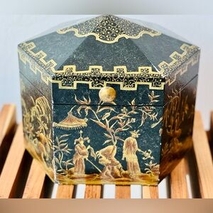 Vintage wood and lacquer hand painted hexagonal box